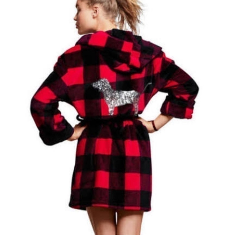 Victoria’s Secret Robe Buffalo Plaid Plush Fuzzy Striped Bling Sequins Big Logo